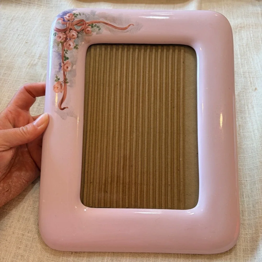 Vintage Pink Ceramic Floral‎ Photo Frame 5x7 Rose Ribbon Bow Cottagecore Decor